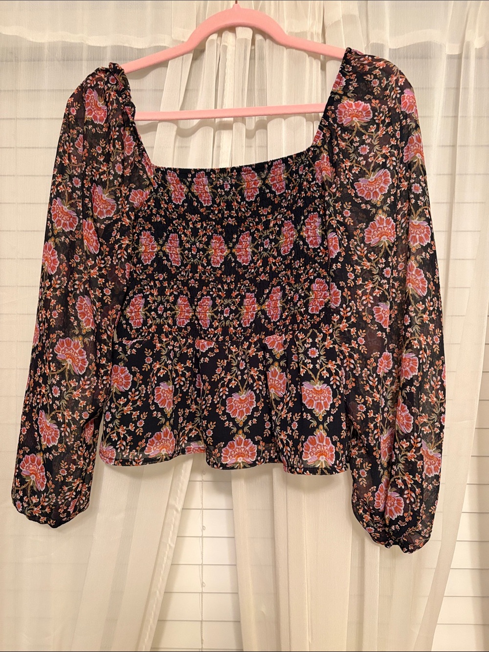 American Eagle Outfitters Black Floral Smocked Square-Neck Blouse